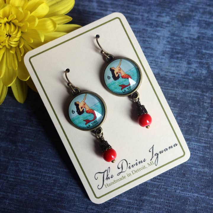 The Divine Iguana - Wholesale Dangle Earrings - Loteria La Sirena Mermaid Glass Cabochon Earrings