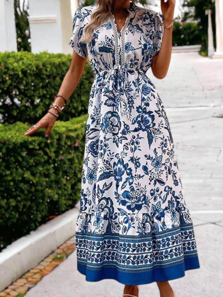Blue Printed Bohemian V-Neck Pocket Maxi Dress for wholesale on Faire