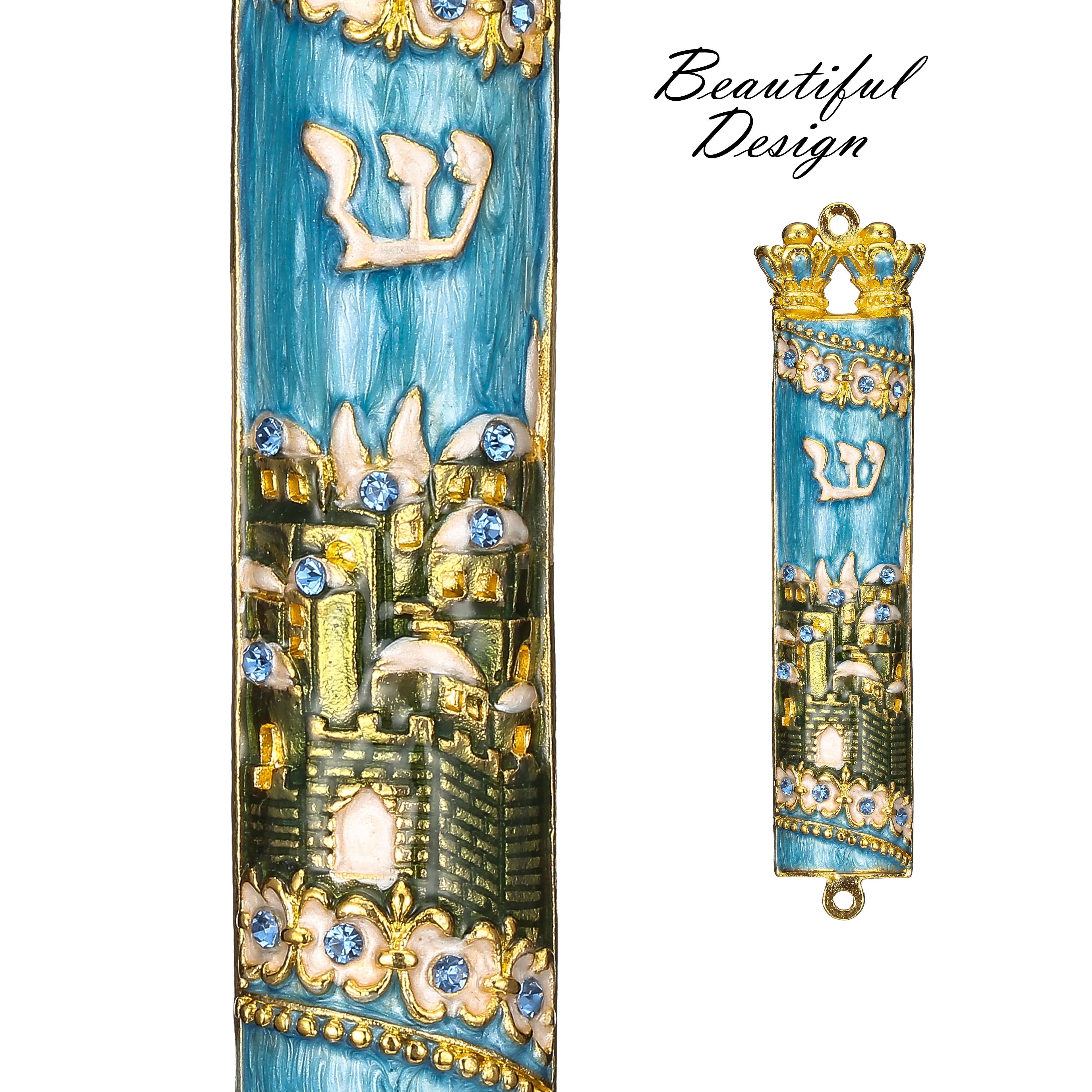 Matashi - Wholesale Decorative Tabletop Object - Matashi Hand Painted Blue & Green Enamel Mezuzah w Crystals3