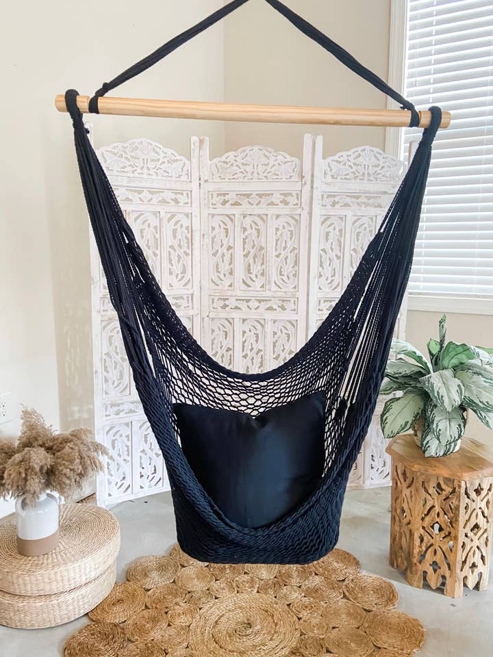 Hammock - Black Bohemian Woven Hammock Chair + Pillow Cover for wholesale by Limbo Imports Hammocks