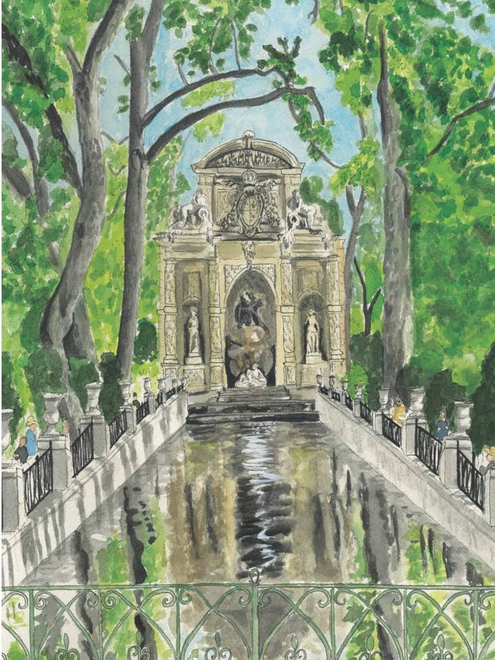 Impression aquarelle sur la fontaine des Médicis dans le jardin du Luxembourg pour la vente par Alexandra Schmeling Fine Art