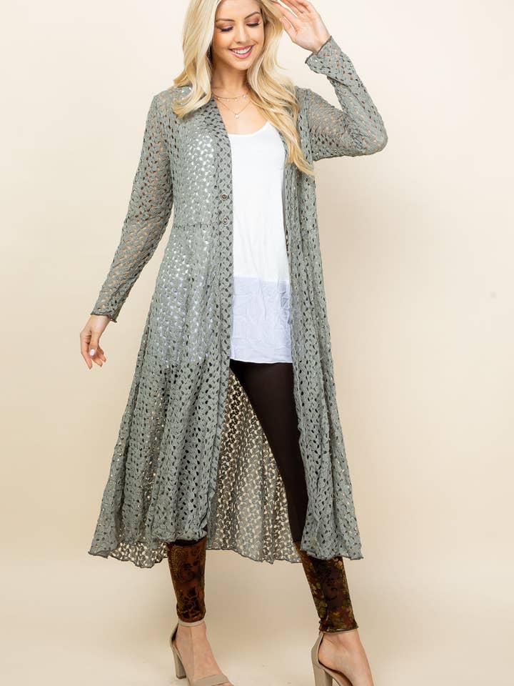 Sage Crochet Lace Long Jacket – Boho Women's Duster | Made in USA for wholesale by Kooniez