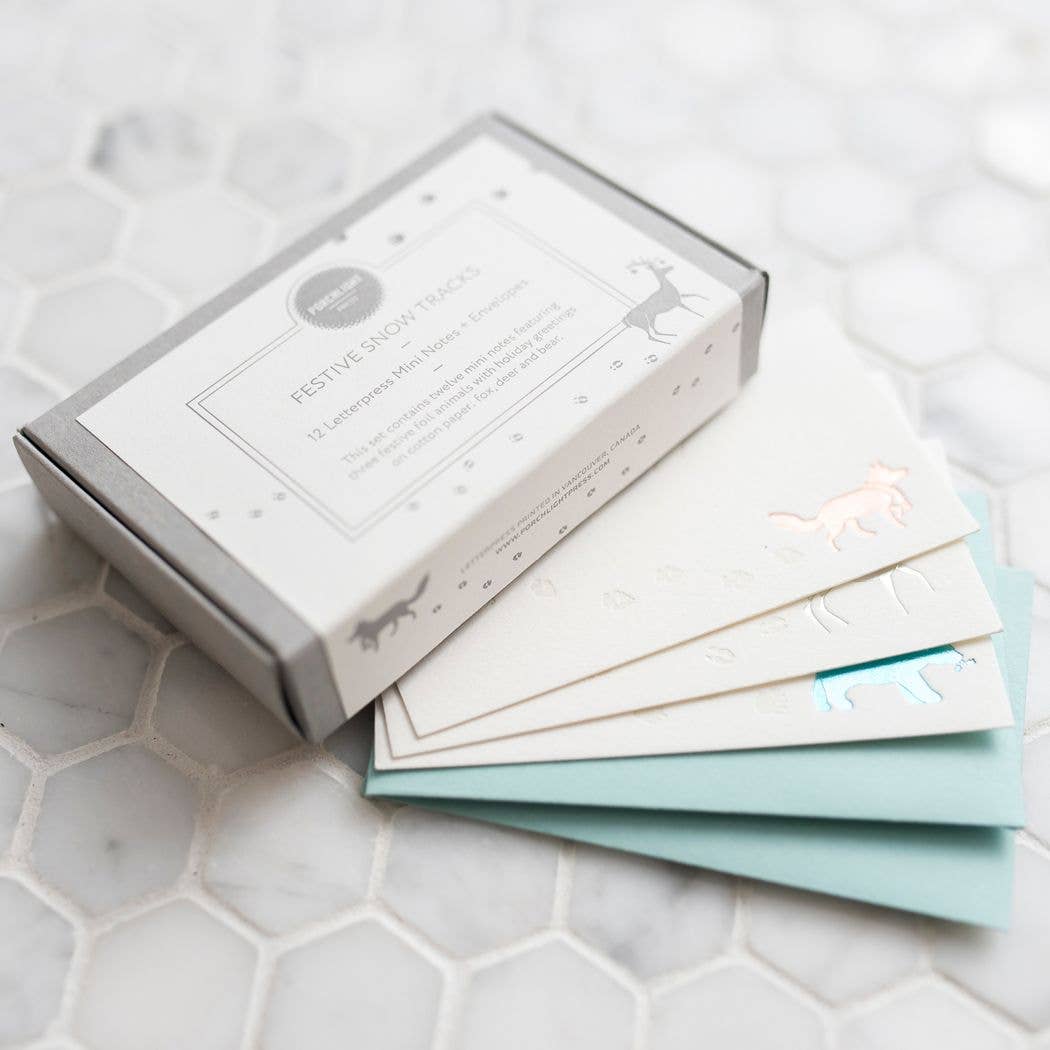 Porchlight Press Letterpress – wholesale Kontorsmateriel/Notecard Set – Snö spår Mini Note - Box uppsättning 124