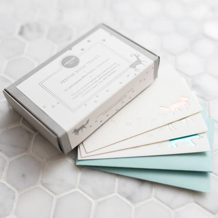 Porchlight Press Letterpress – wholesale Kontorsmateriel/Notecard Set – Snö spår Mini Note - Box uppsättning 124