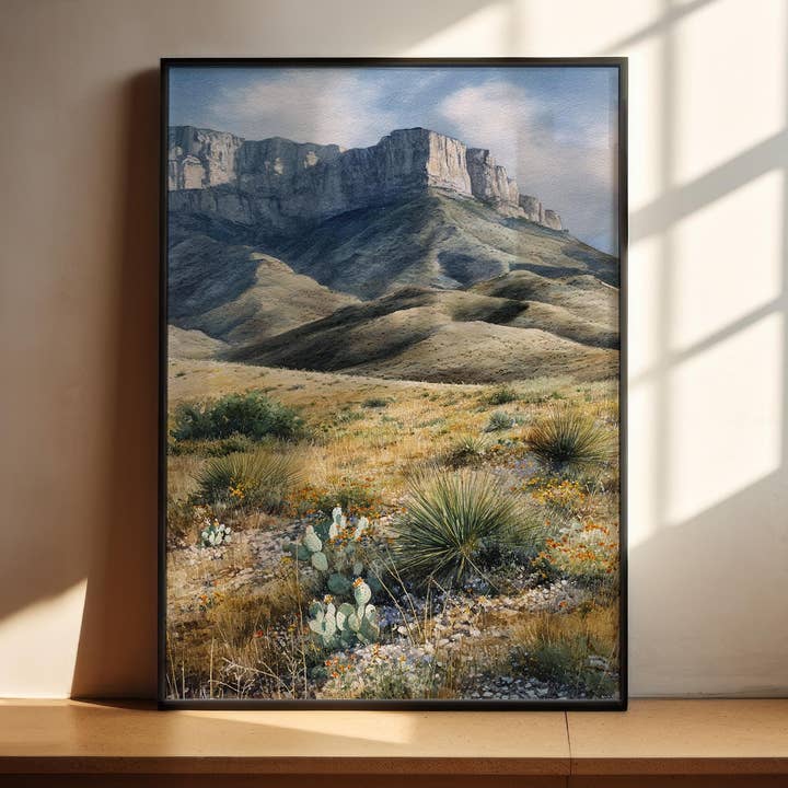 Art en aquarelle des montagnes Guadalupe, impression de voyage au Texas, Dell City TX, œuvre d'art, parc national des montagnes Guadalupe, désert de Chihuahua, art mural. pour la vente par Premium Travel Art