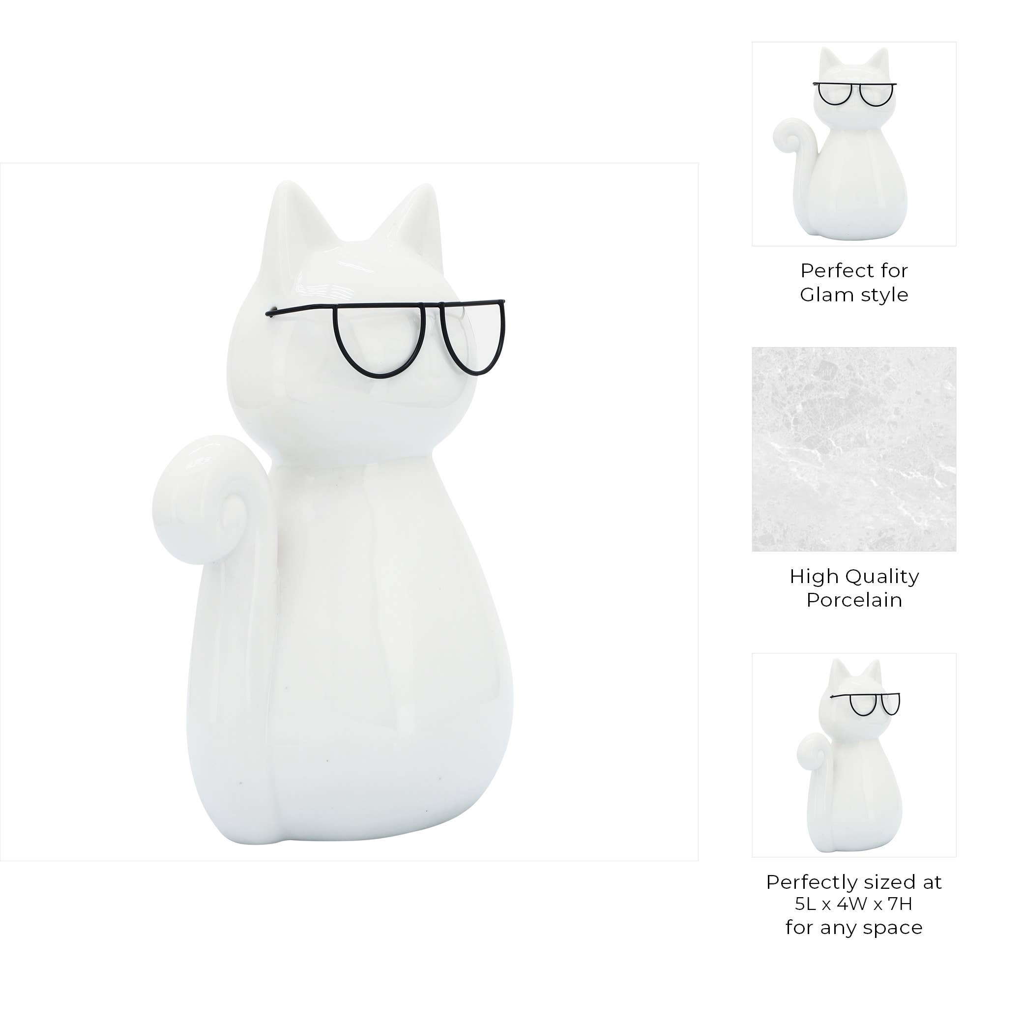 Sagebrook Home - Wholesale Decorative Figurine - Figurine - White Porcelain Cat with Glasses, 7 in.3