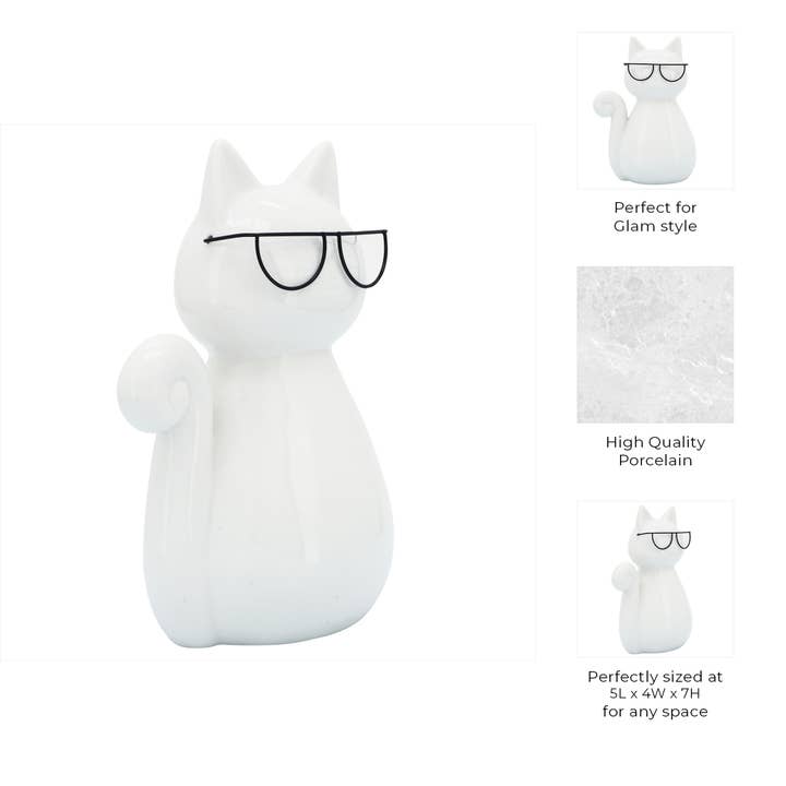 Sagebrook Home - Wholesale Decorative Figurine - Figurine - White Porcelain Cat with Glasses, 7 in.3