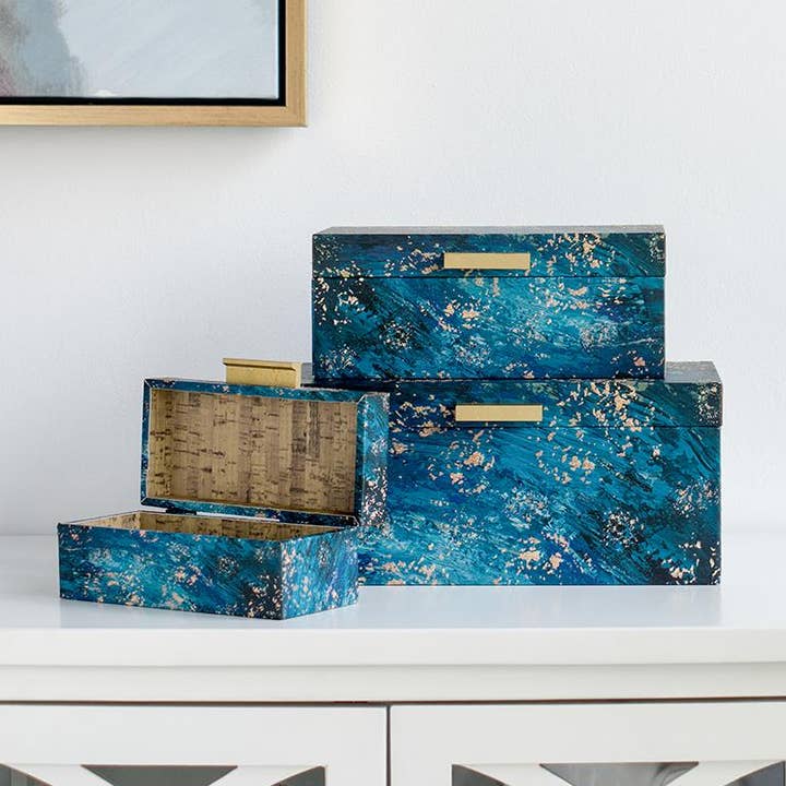 S/3 Decorative Storage Boxes, Blue with Gold Details and other Purchase Wholesale kesser kuhlbox. Free Returns & Net 60 Terms on Faire trending on Faire.