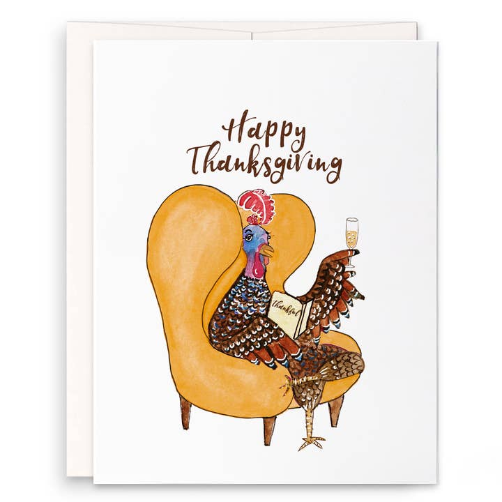 Turkey on Armchair - Funny Thanksgiving Card for wholesale by Liyana Studio