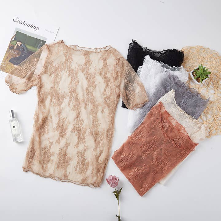 Rosa Clothing - Wholesale T-Shirt - Women's - Floral lace mesh see through short sleeve top - 6 colors