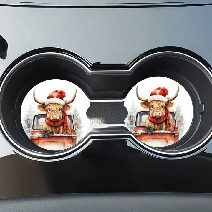 Highland-Kuh-Weihnachtsauto-Untersetzer - Neopren-Set mit 2 Stück für den Großhandel von Stencil Art Canada