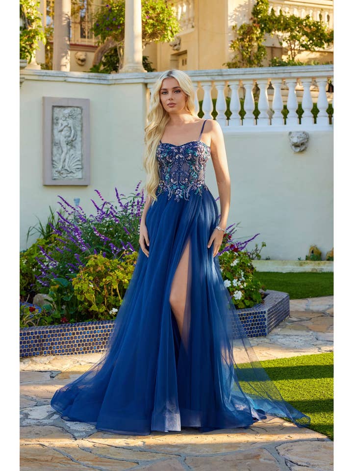 BEADED BODICE GOWN WITH FLOWING SKIRT SLIT for wholesale by Juliet