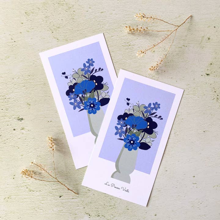 Postcard illustration with blue flowers for wholesale by La Pousse Verte