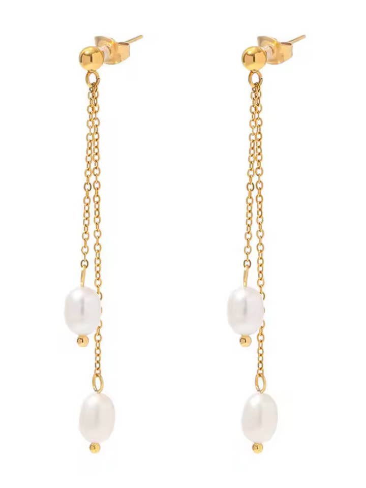 Freya Doppelperlen-Tropfen-Wasserdichte Ohrringe 14K Gold für den Großhandel von HoopLa