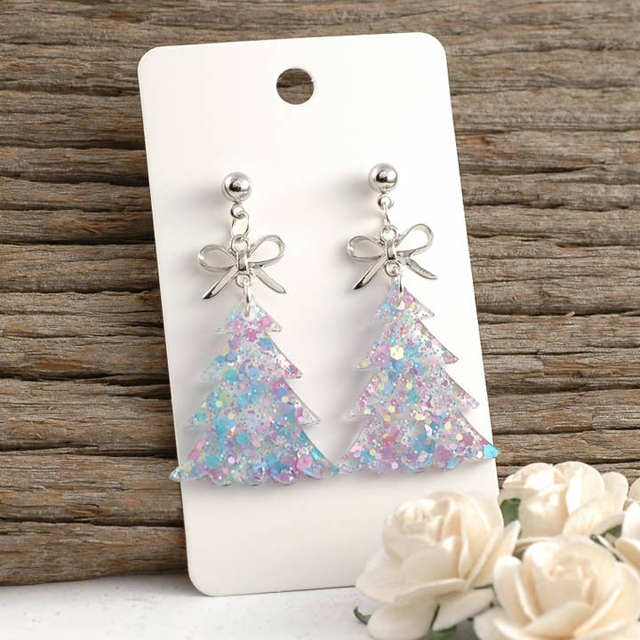 Christmas Tree Earrings | with Bow Dangle Post - Acrylic for wholesale by Rocky Mountain Shops
