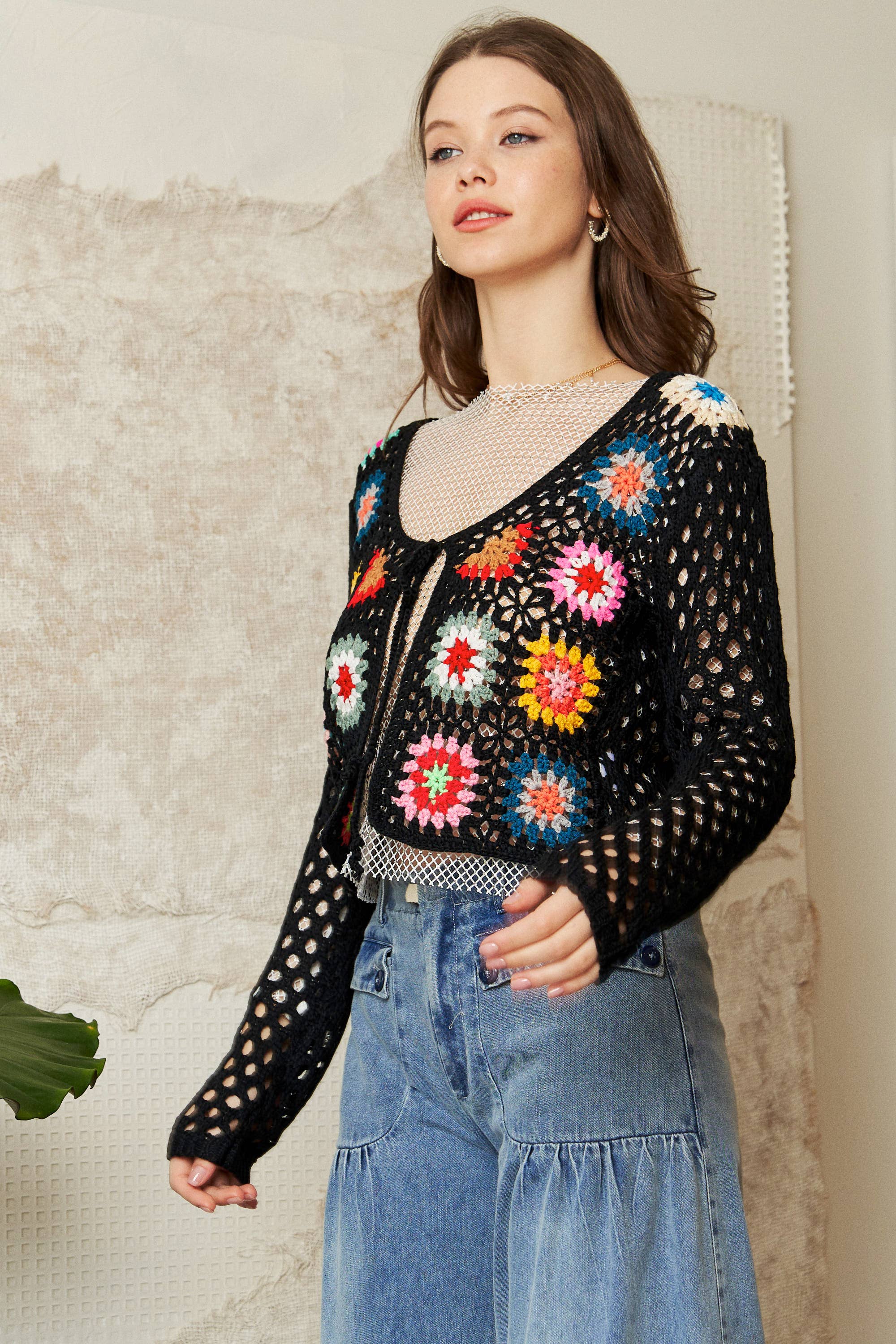 Davi & Dani - Wholesale Cardigan - Women's - PLUS CROCHET FLORAL LONG SLEEVE TIE FRONT CARDIGAN3