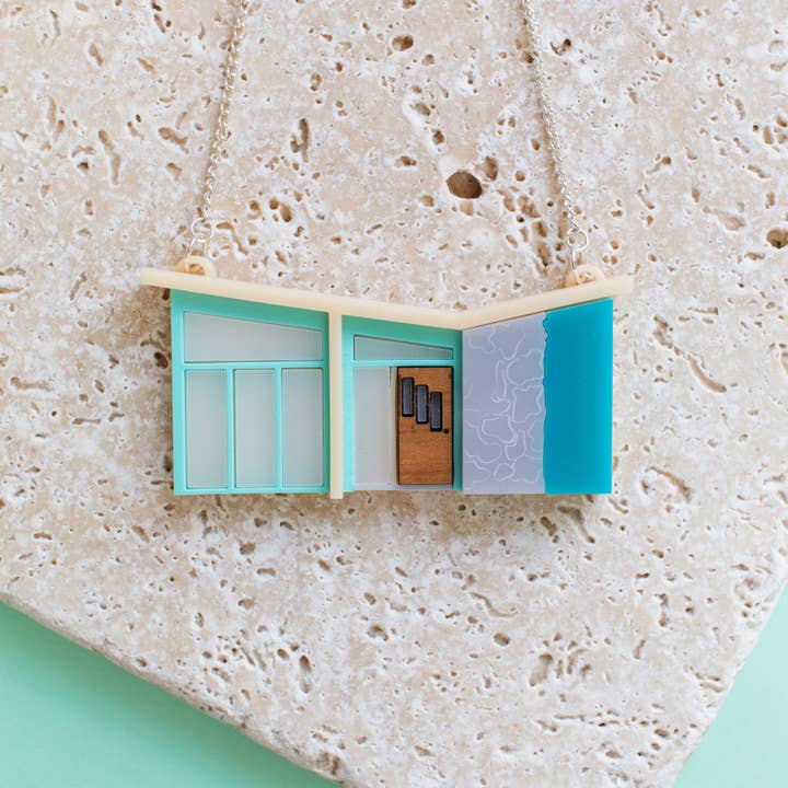 Palm Springs Blue Mid Century House Necklace for wholesale by Finest Imaginary