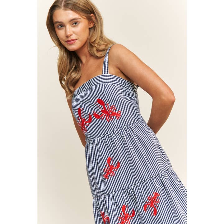 Bleu Multi ROBE MIDI À VOLANTS EN GINGHAM AVEC BRODERIE DE JOLI HOMARD en vente sur Faire7