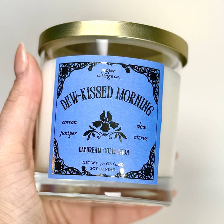 Dew-Kissed Morning 7.5 oz Soy Spring Candle | Cotton, Juniper, Dew, Citrus | Daydream Collection Spring Morning Dew Candle for wholesale by Pepper Cottage Co. Candles