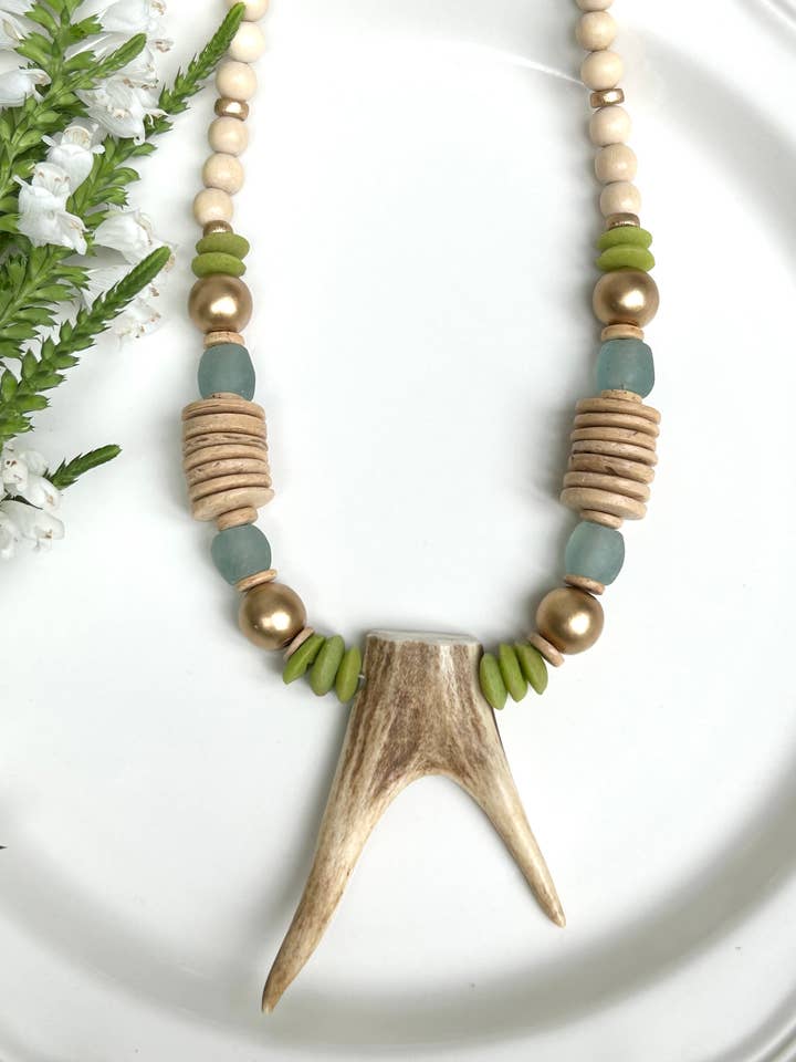Long deer antler beaded statement necklace chunky bead for wholesale by April Mae Designs