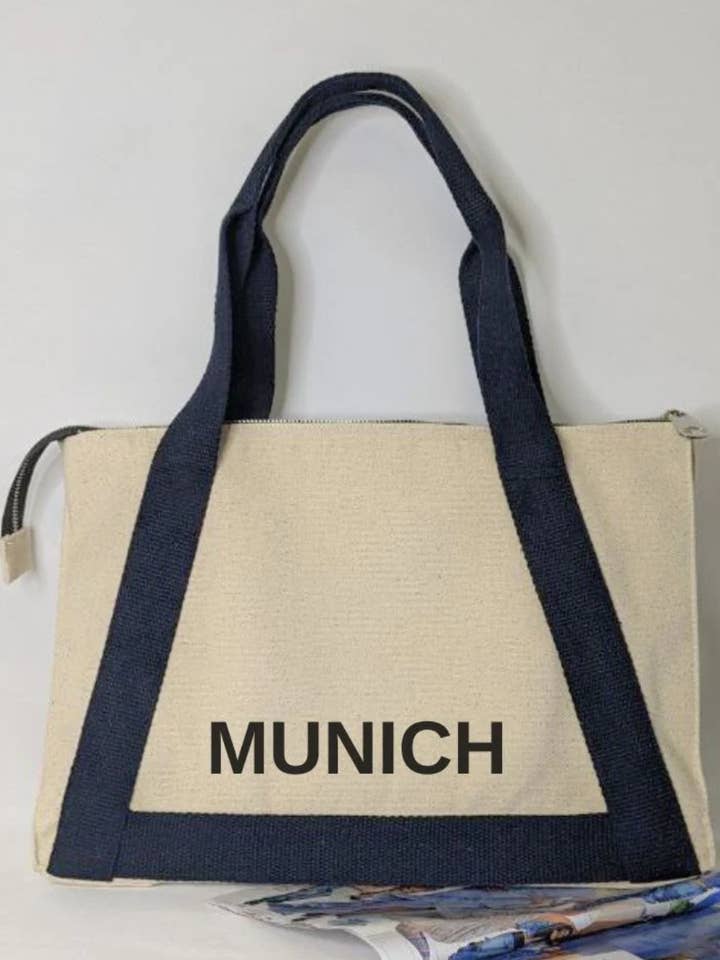 Tote bag personnalisé avec anses bleues pour la vente par New Hope | Textile Souvenirs & Custom Branding