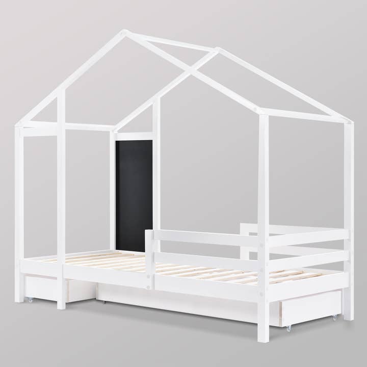 Urban Meuble - Wholesale Bed - Kids & Baby - Children's bed cabin bed white 90 x 200 cm solid wood house with fence and slatted base 2 storage drawer wheels, blackboard (without mattress) CHOLLUD33