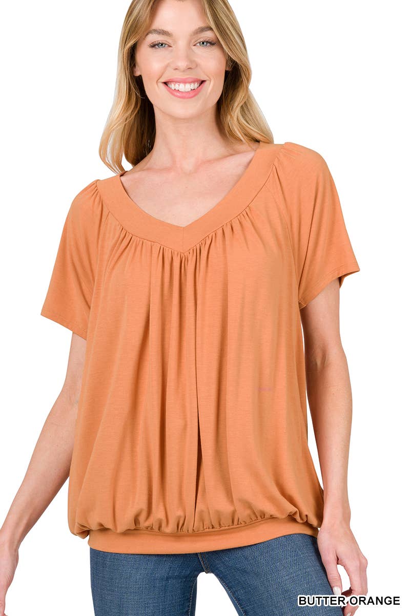 42POPS - Wholesale Blouse - Women's - ",.SHIRRED V-NECK SHORT SLEEVE TOP2
