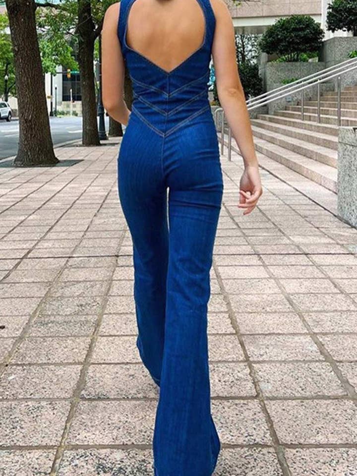 Mouwloze jeansjumpsuits met V-hals en ritssluiting voor wholesale door StyleGalX