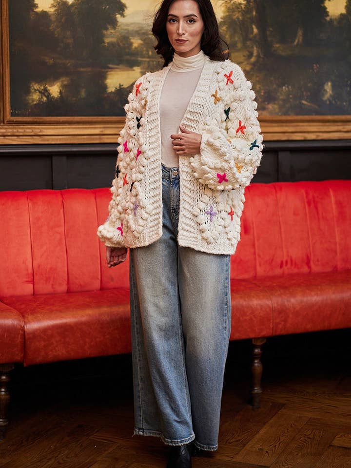 ANGELEYE - Wholesale Cardigan - Women's - Cream Oversized Cardigan With Rainbow Stitch Detail