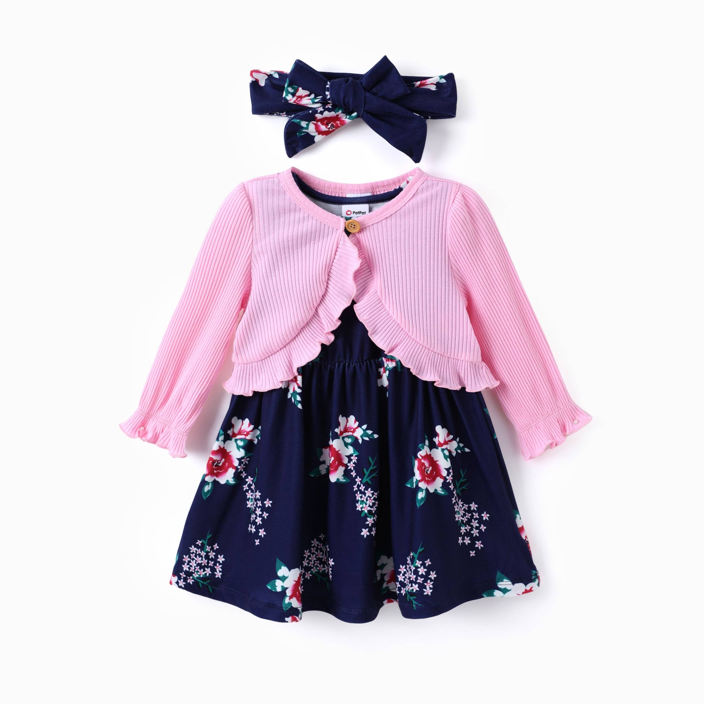 PatPat - Wholesale Jurk - Kinderen - 93% Katoenen Baby Meisjes Bloemenjurk met Vest & Haarband3