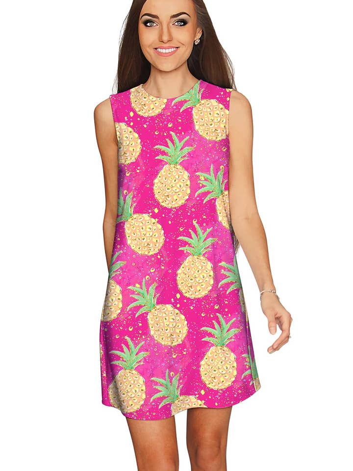 Piña Colada Adele Pink Tropical Print Shift Party Dress - Women for wholesale by Pineapple Clothing