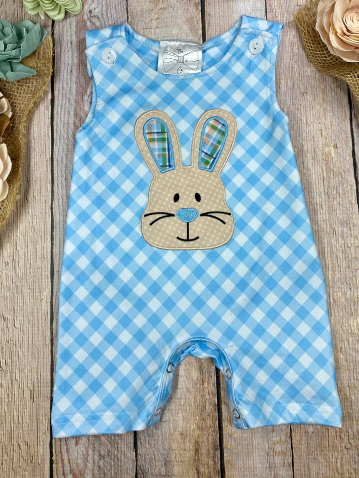 Easter Bunny on Blue Gingham Infant Boy's Romper for wholesale by The Hair Bow Company