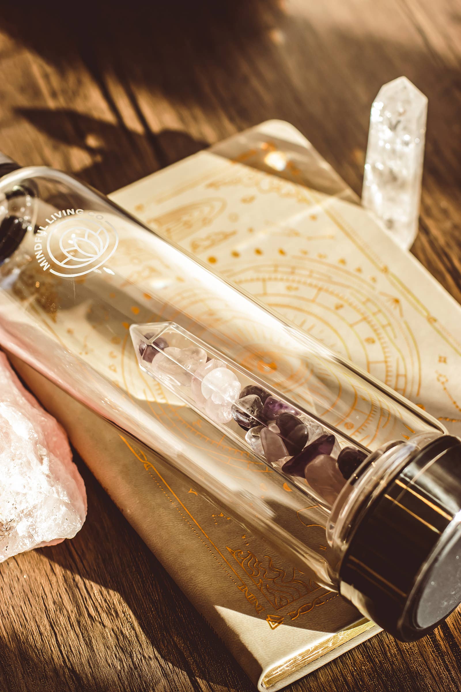 Mindful Living Co. – wholesale Water bottle – Gemstone Infused Glass Water Bottle – Love & Happiness Blend2