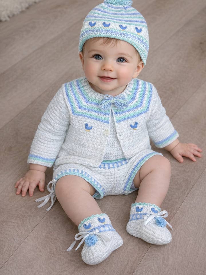 BlueBird Heirloom Layette Cardigan, Bottom, and Bonnet Set for wholesale by Expectations
