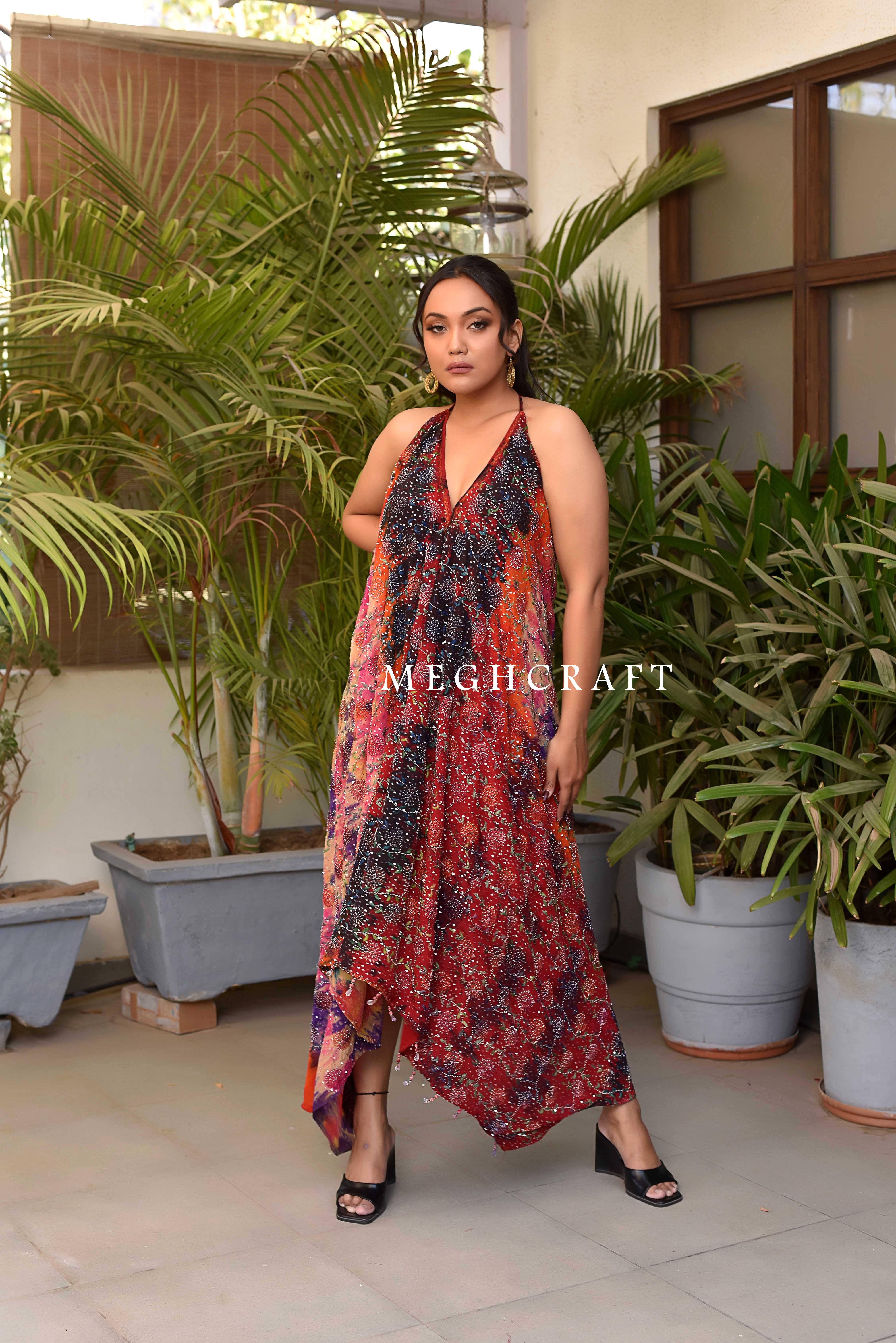 Meghcraft - Vendita all'ingrosso Vestito - Donna - Abito all'americana decorato con stampa tie-dye vintage indiano1