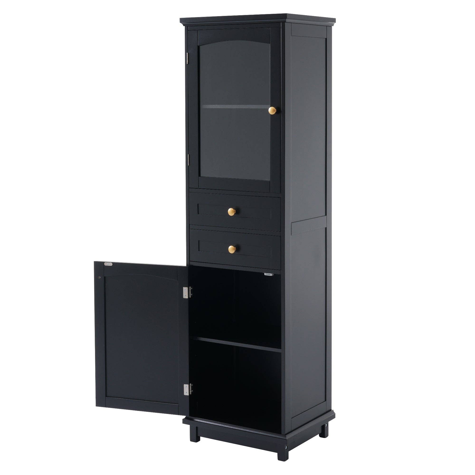 Orange County Decor - Wholesale Cabinet - 63" Tall Bathroom Storage Cabinet With Glass Doors, Free Standing, Two Drawers, And Adjustable Shelves, Mdf Board, Painted Black Perfect For Displaying Your Favorite Items 2 Black 2 4 Adjustable14