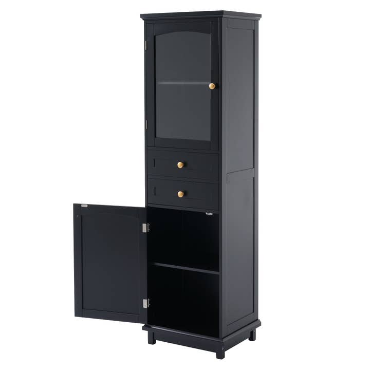 Orange County Decor - Wholesale Cabinet - 63" Tall Bathroom Storage Cabinet With Glass Doors, Free Standing, Two Drawers, And Adjustable Shelves, Mdf Board, Painted Black Perfect For Displaying Your Favorite Items 2 Black 2 4 Adjustable14