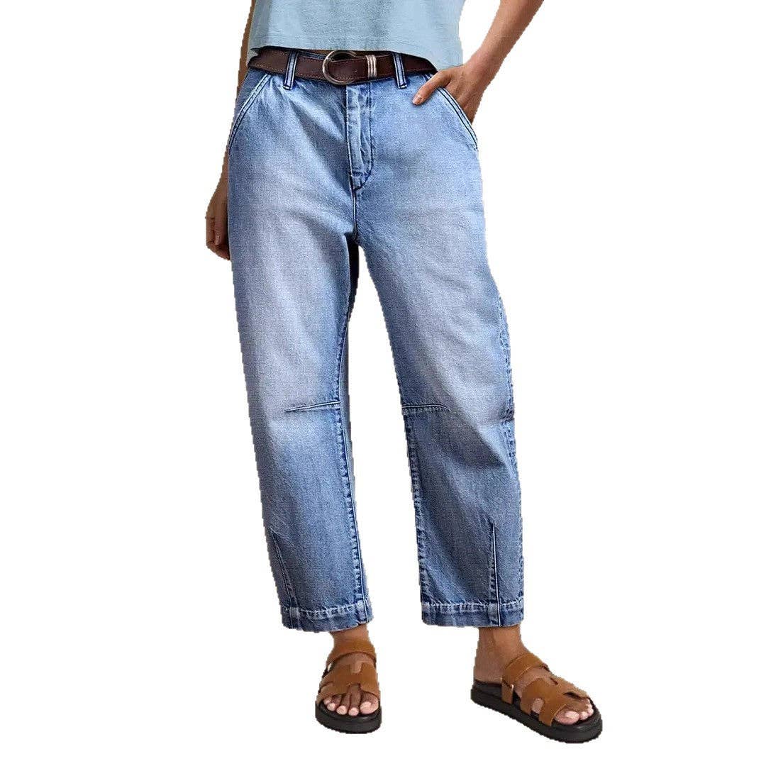 Bleu clair Pantalon décontracté large en denim extensible raccourci en vente sur Faire3