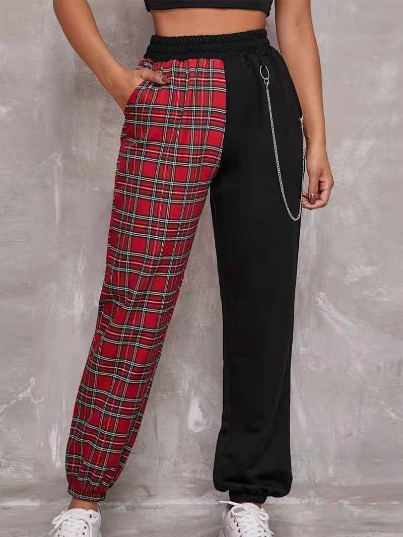 Tourtiwi - Wholesale Pants - Women's - Stitching Plaid Printed Chain Casual Pants1
