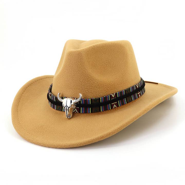 ACCITY - Wholesale Cowboy Hat - Unisex - Bull Head Decor Wide Brim Western Cowboy Hat_CWAH17693