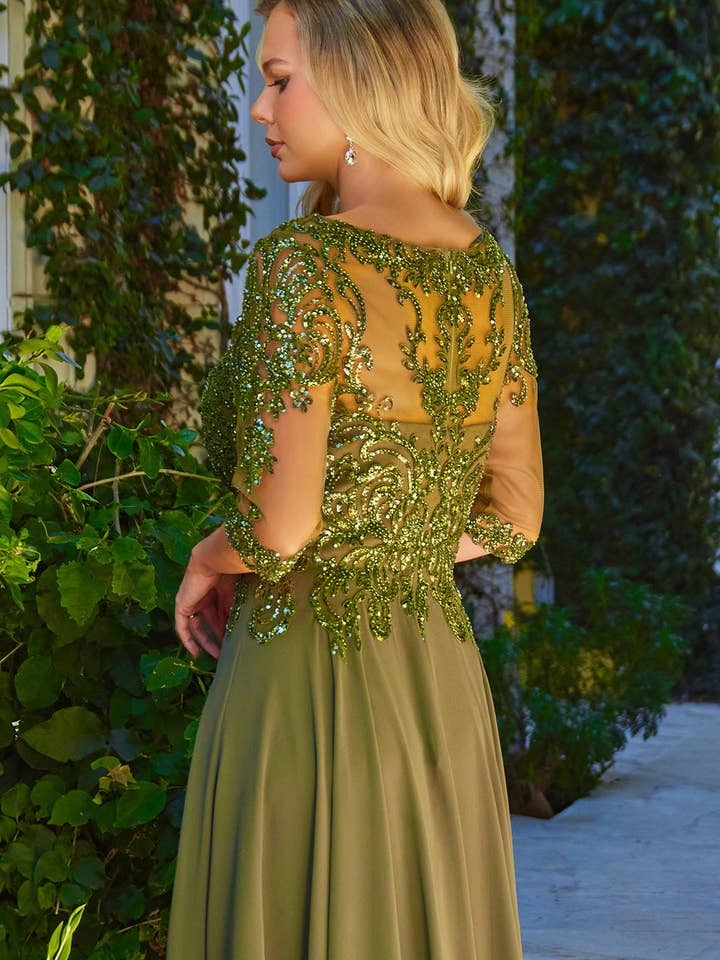 SMC Fashion - Wholesale Gown - Women's - Bead sequin embellished 1 2 sleeve mesh bodice with chiffon skirt GLGL35993