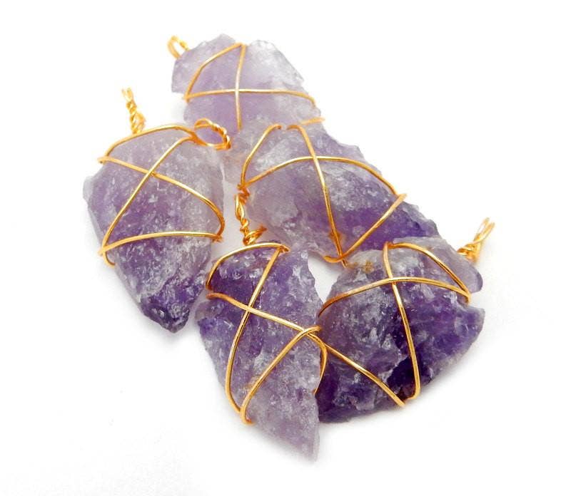 Rock Paradise - Wholesale Individual Charm/Pendant - Crystal Amethyst Arrowhead Pendant Wire Wrapped Gold Tone1