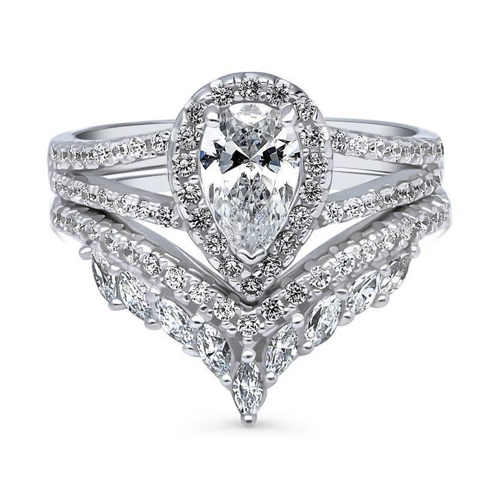 Ensemble de bagues de fiançailles à tige fendue BERRICLE Silver Halo Pear CZ pour la vente par BERRICLE