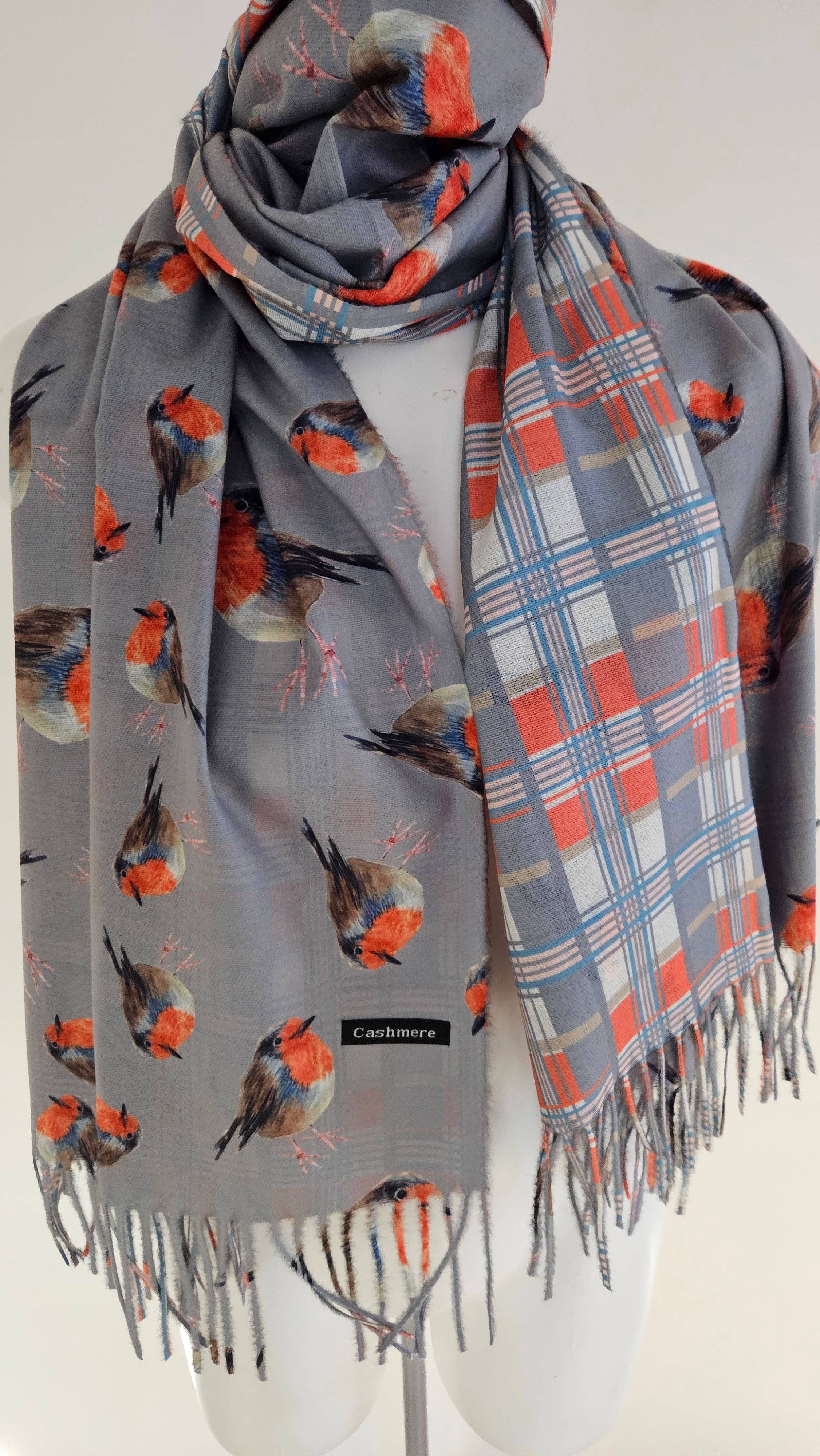 Shimena - Wholesale Scarf - Women's - Double-Sided Robin & Tartan Pashmina9