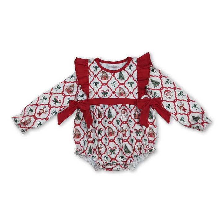 Barboteuse de Noël pour bébé fille avec manches longues, cerf et nœud. pour la vente par Yawoo Garments