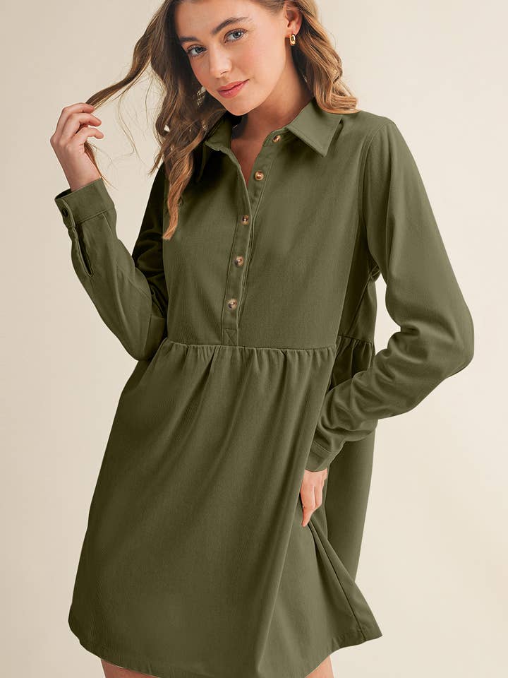 Corduroy Half Button Collared Long Sleeve Mini Dress | S-XL for wholesale by Aapparella
