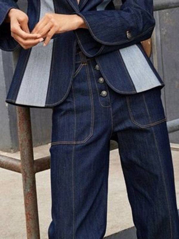 DEEP BLUE High Waist Straight Contrast Split Jean Pants for wholesale on Faire6