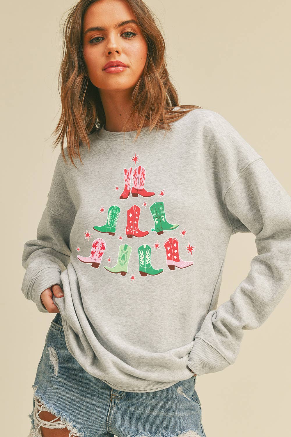 Honestee - Wholesale Sweatshirt - Women's - Cowboy Boots Christmas Tree Long Sleeve Sweatshirt3