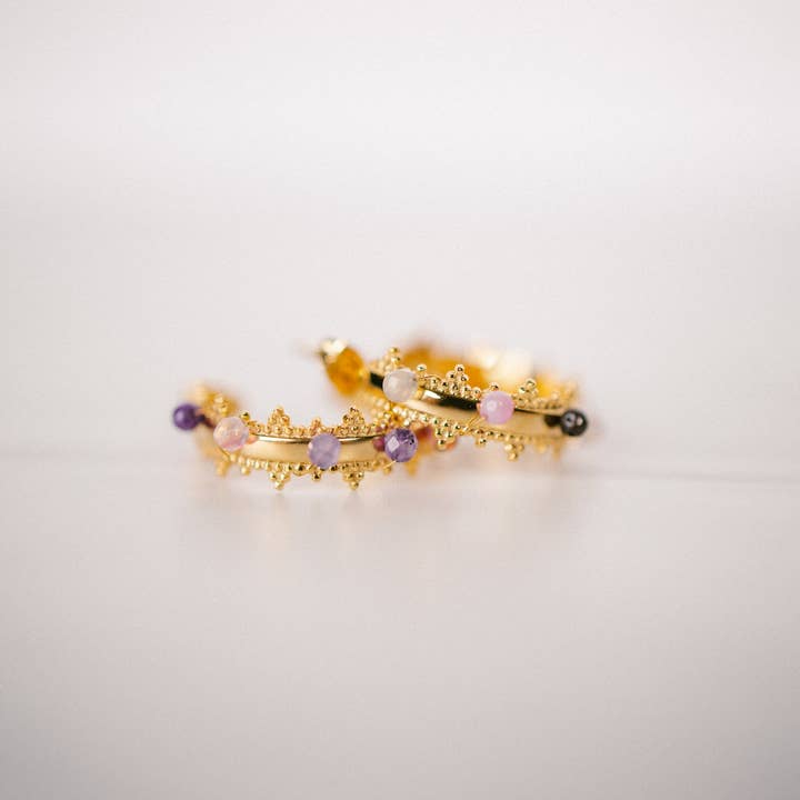 Gray Bird Label - Wholesale Hoop Earrings - Natural Stone, Wire-Wrapped Gold Hoop Earrings