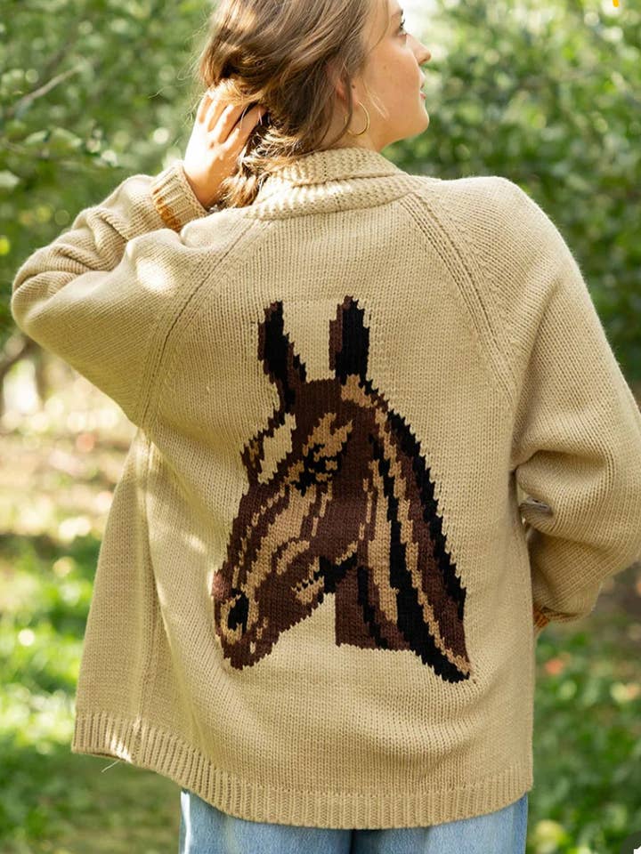 Vintage Horse Varsity Cardigan in Camel for wholesale by Pink Pineapple
